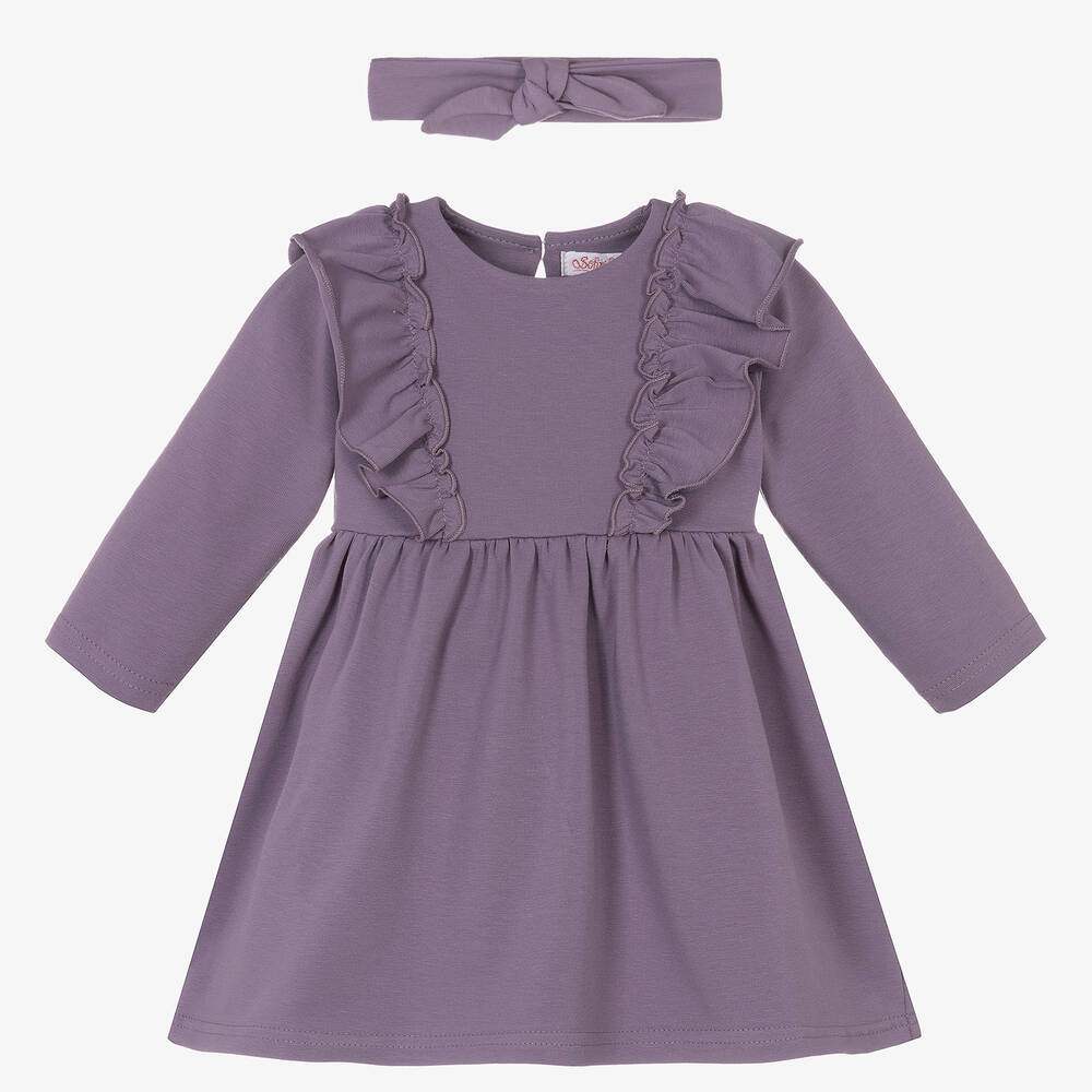 Sofija - طقم فستان قطن جيرسي لون بنفسجي للمولودات | Childrensalon