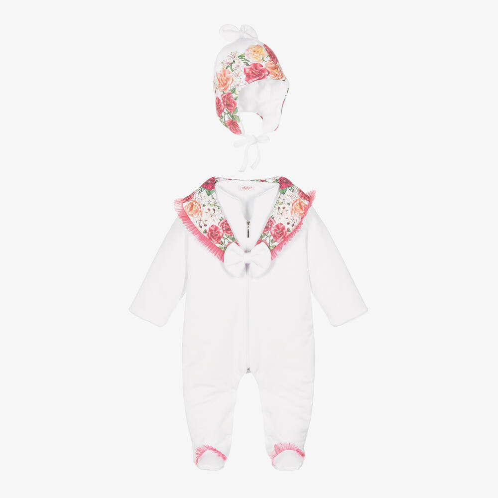 Sofija - Baby Girls White Cotton Pramsuit Set | Childrensalon
