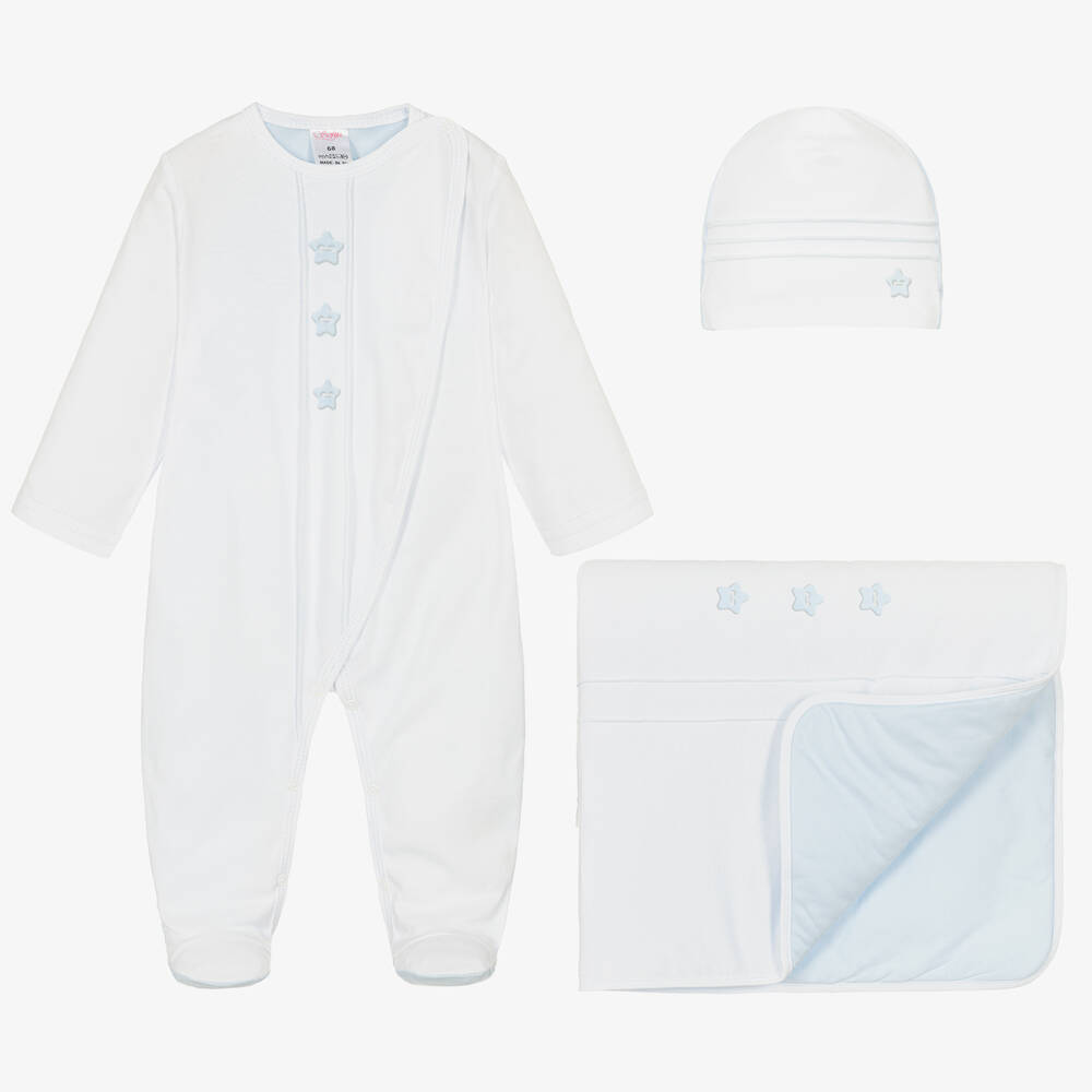 Sofija - Ensemble combinaison bébé blanc et bleu en coton garçon | Childrensalon