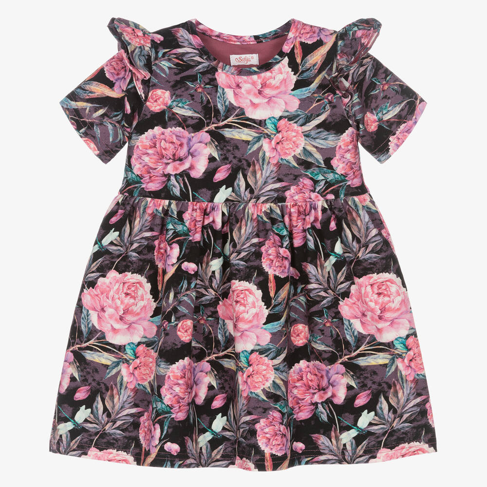 Sofija - Girls Black & Pink Floral Cotton Dress | Childrensalon