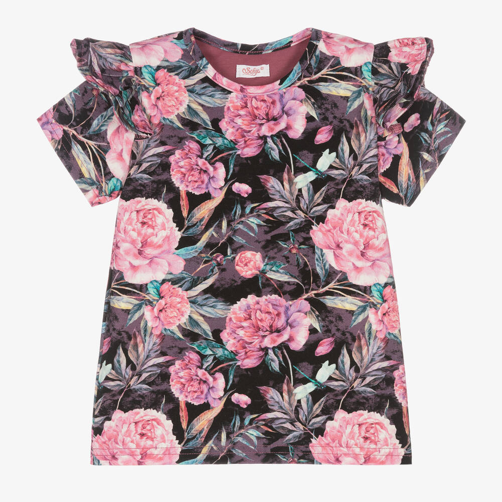 Sofija - Girls Black & Pink Floral Cotton T-Shirt | Childrensalon