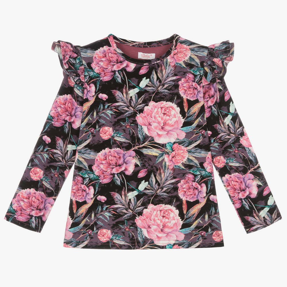 Sofija - Girls Black & Pink Floral Cotton Top | Childrensalon