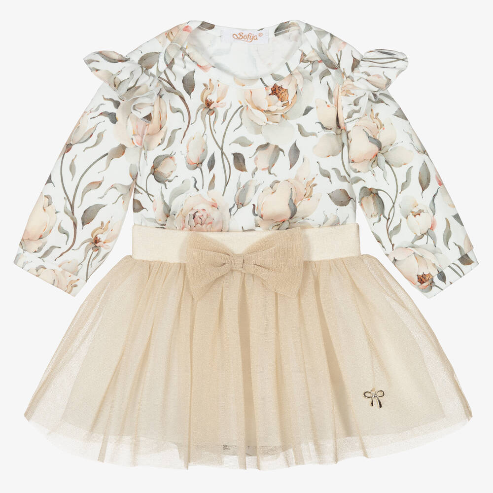 Sofija - Girls Gold Cotton Skirt Set | Childrensalon