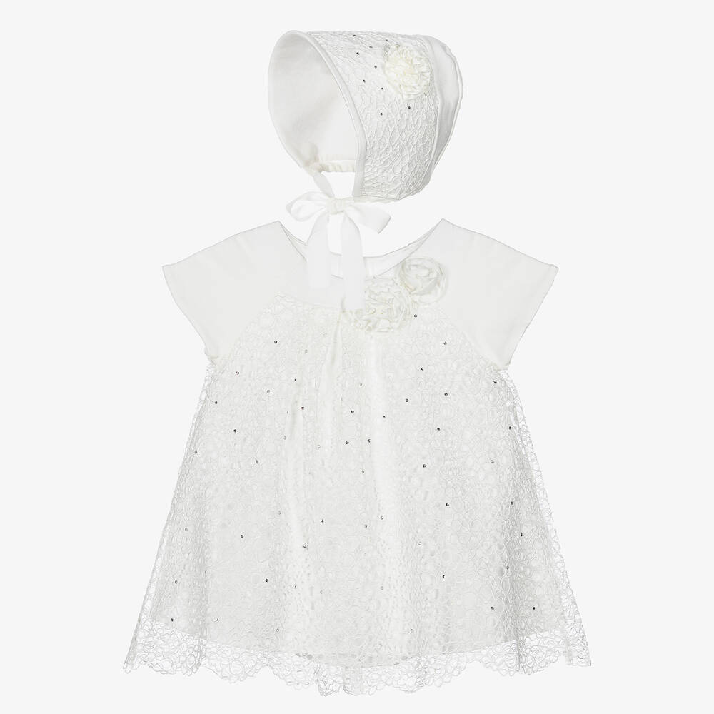 Sofija - Girls White Dress & Bonnet Set | Childrensalon