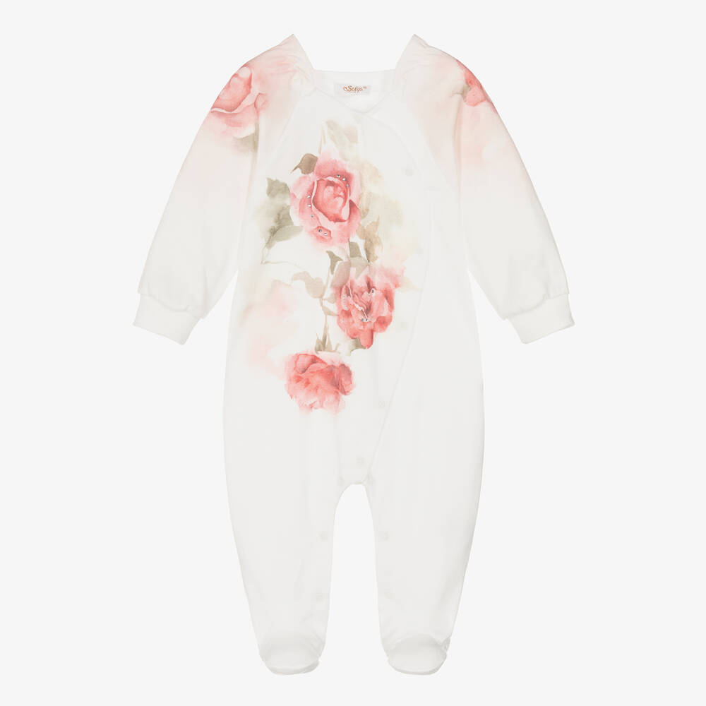 Sofija - Ivory Floral Cotton Babygrow | Childrensalon