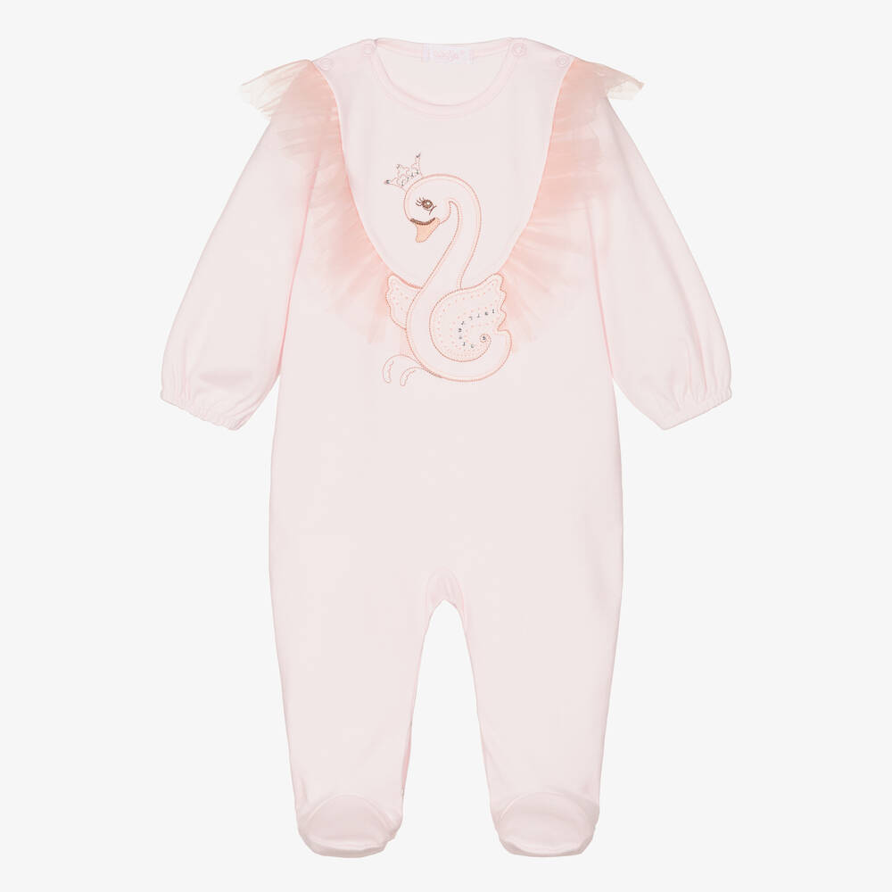 Sofija - Pink Swan Cotton Babygrow  | Childrensalon