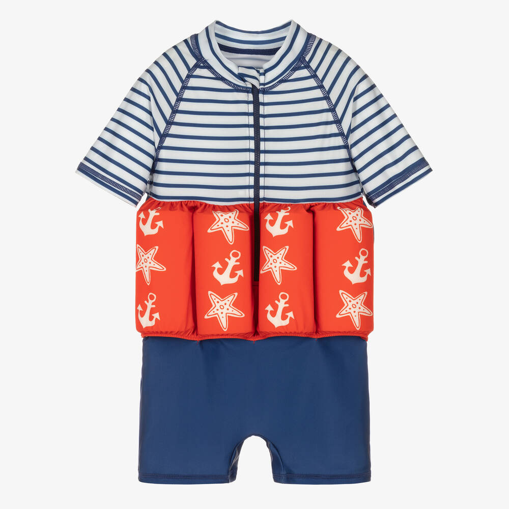 Soli Swim - Boys Blue Striped Anchor Float Suit (UPF50+) | Childrensalon