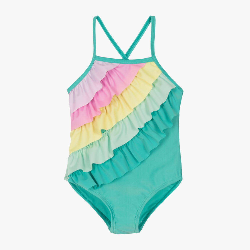 Soli Swim - Girls Blue Ruffle Swimsuit (UPF50+) | Childrensalon
