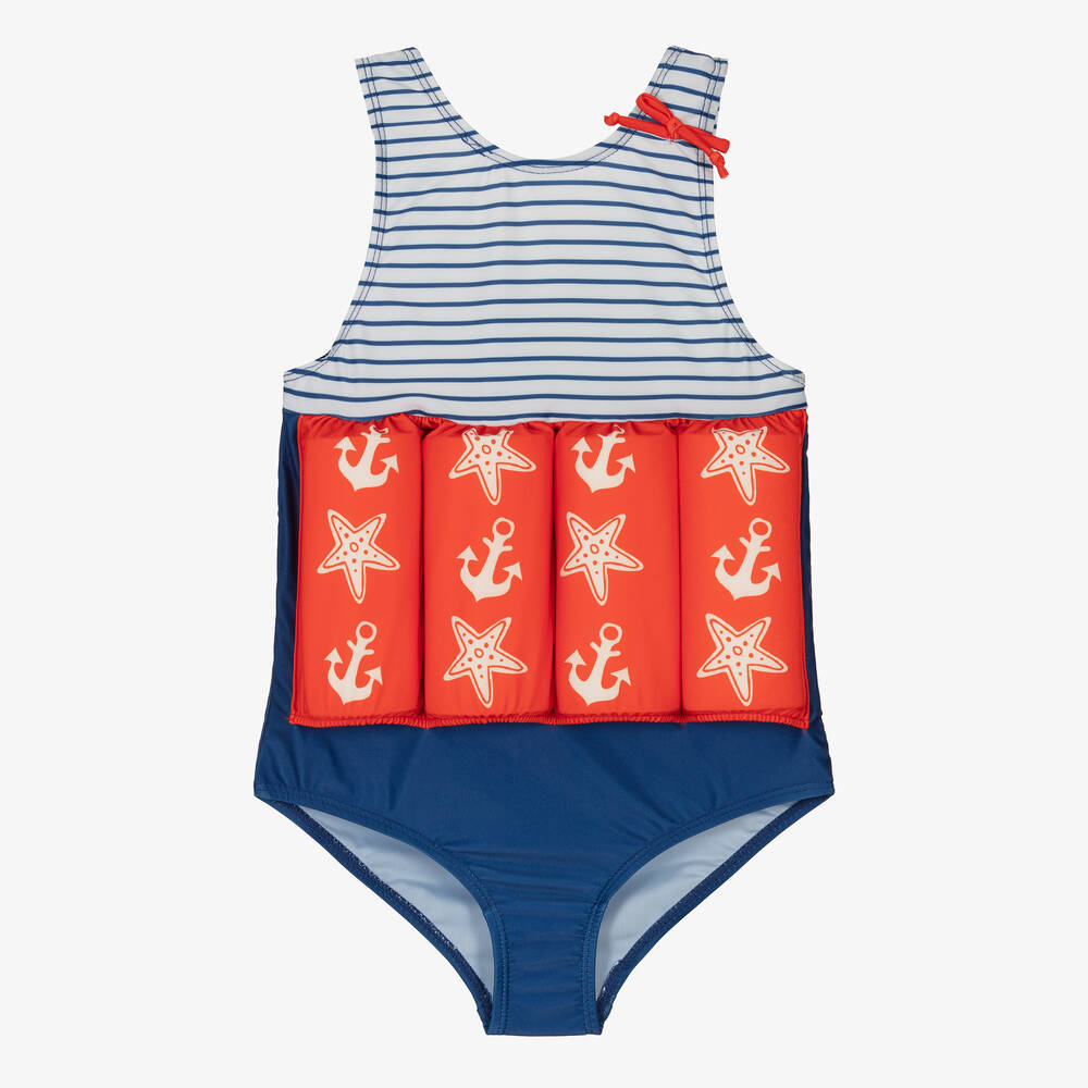 Soli Swim - Girls Blue Striped Anchor Float Suit (UPF50+) | Childrensalon