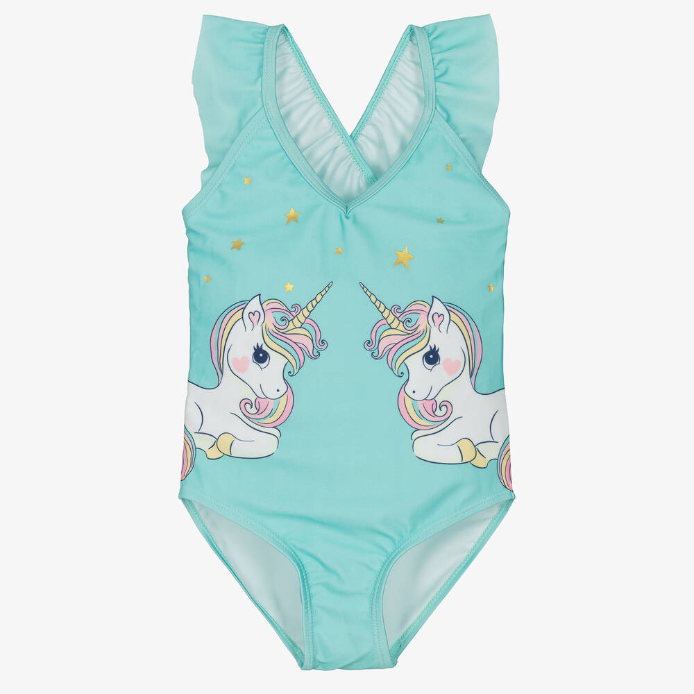 Soli Swim - Girls Blue Unicorn Swimsuit (UPF50+) | Childrensalon