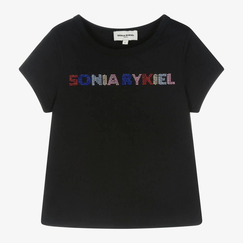 Sonia Rykiel Paris - تيشيرت قطن عضوي لون أسود مزين بديامنتي للبنات | Childrensalon
