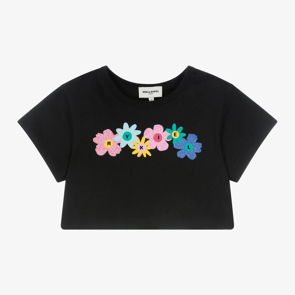 Sonia Rykiel Paris - Girls Black Cotton Floral Logo T-Shirt | Childrensalon