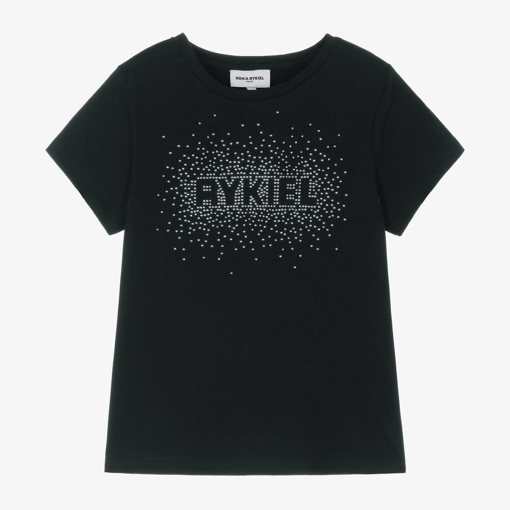 Sonia Rykiel Paris - Girls Black Diamanté Logo Cotton T-Shirt | Childrensalon