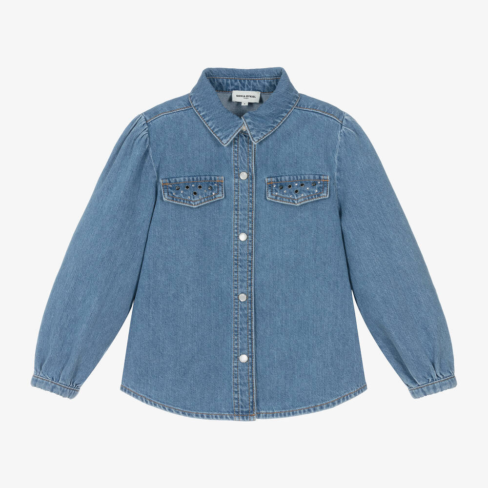 Sonia Rykiel Paris - Girls Blue Denim Rhinestone Shirt | Childrensalon