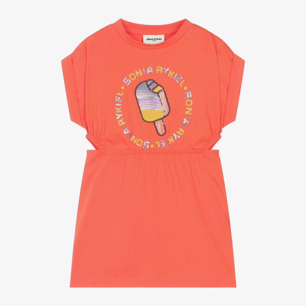 Sonia Rykiel Paris - فستان قطن عضوي لون برتقالي مرجاني | Childrensalon