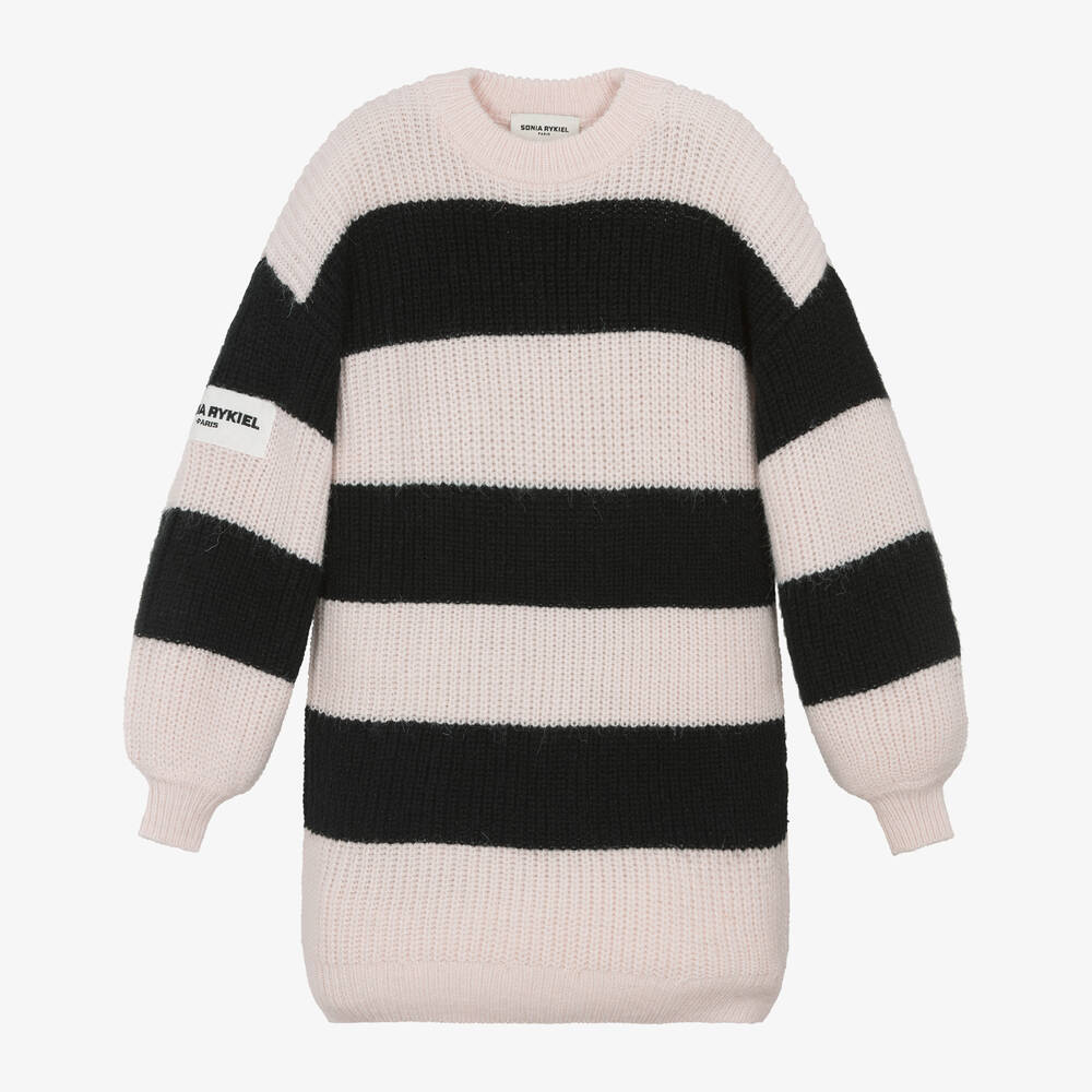 Sonia Rykiel Paris - Girls Pink & Black Stripe Knitted Dress | Childrensalon