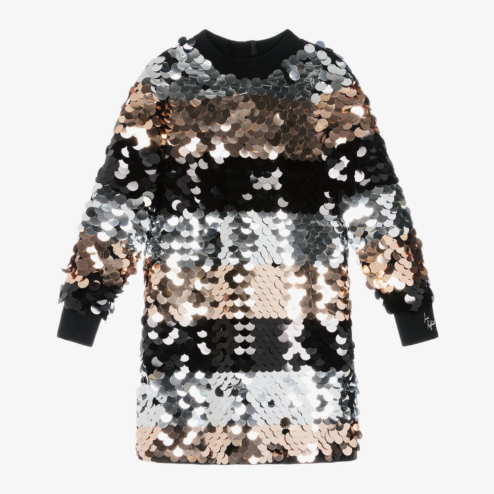 Sonia Rykiel Paris - Girls Silver & Black Striped Sequin Dress | Childrensalon