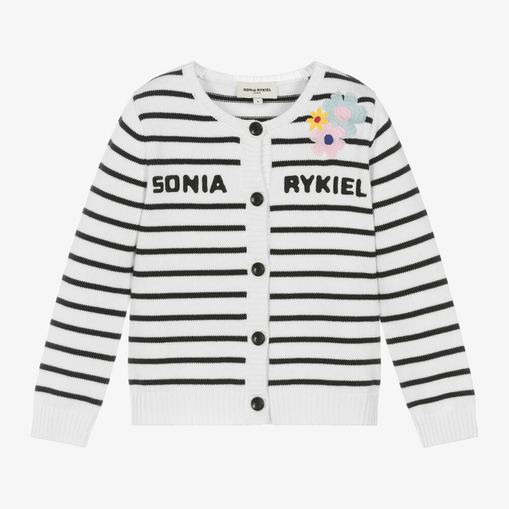 Sonia Rykiel Paris - Girls White & Black Striped Cotton Cardigan | Childrensalon