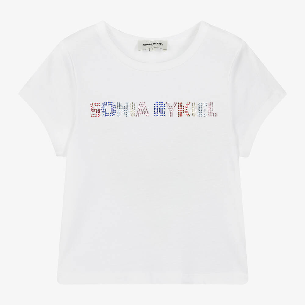 Sonia Rykiel Paris - تيشيرت قطن عضوي لون أبيض مزين بديامنتي للبنات | Childrensalon