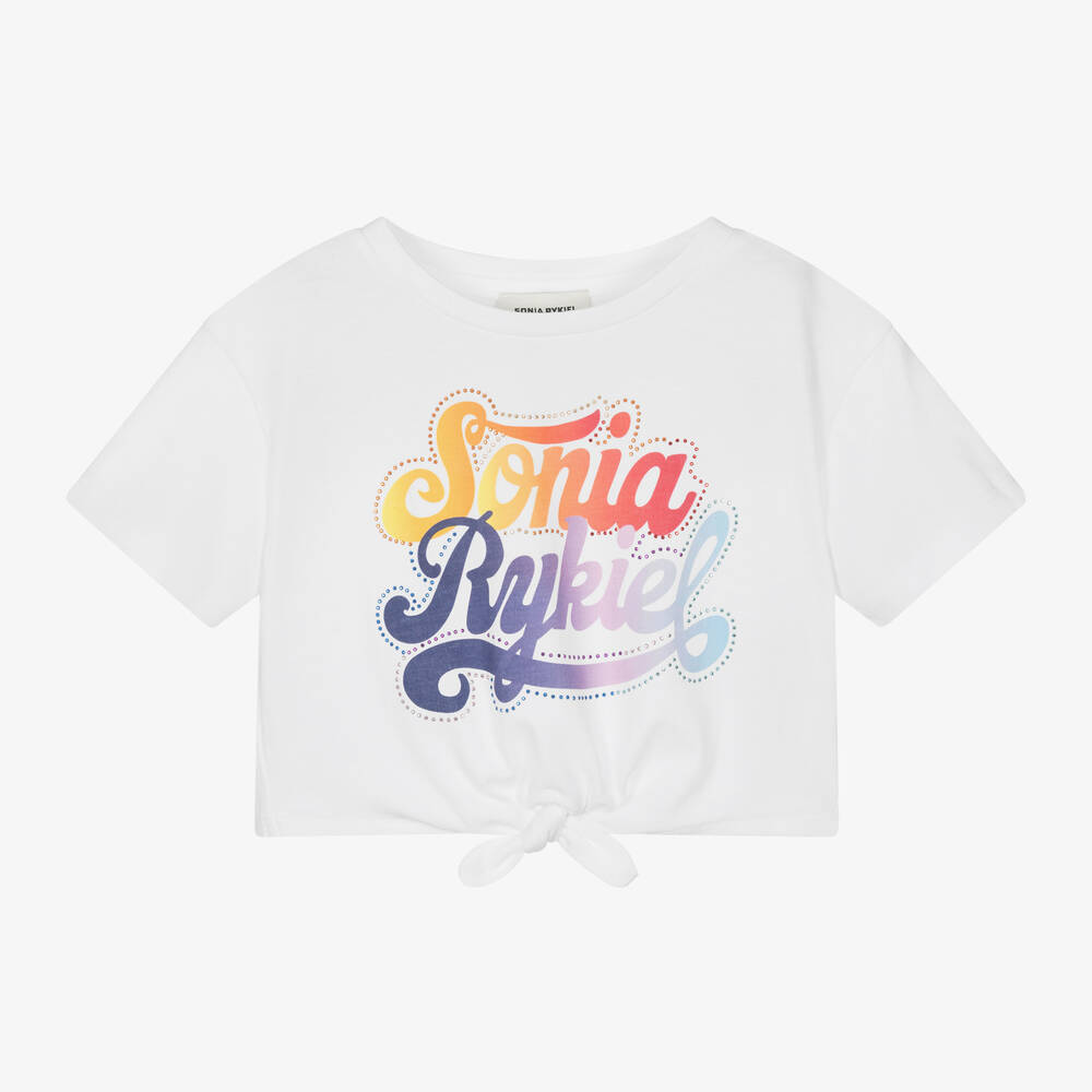 Sonia Rykiel Paris - Girls White Cotton Rainbow Logo T-Shirt | Childrensalon