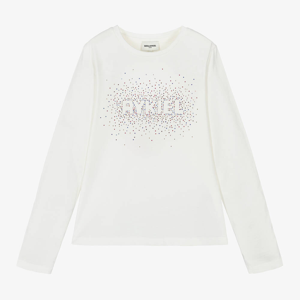 Sonia Rykiel Paris - Girls White Diamanté Logo Cotton Top | Childrensalon