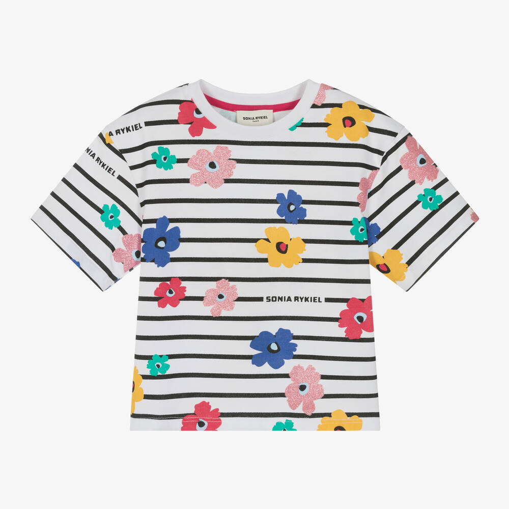 Sonia Rykiel Paris - Girls White Striped & Floral Cotton T-Shirt | Childrensalon