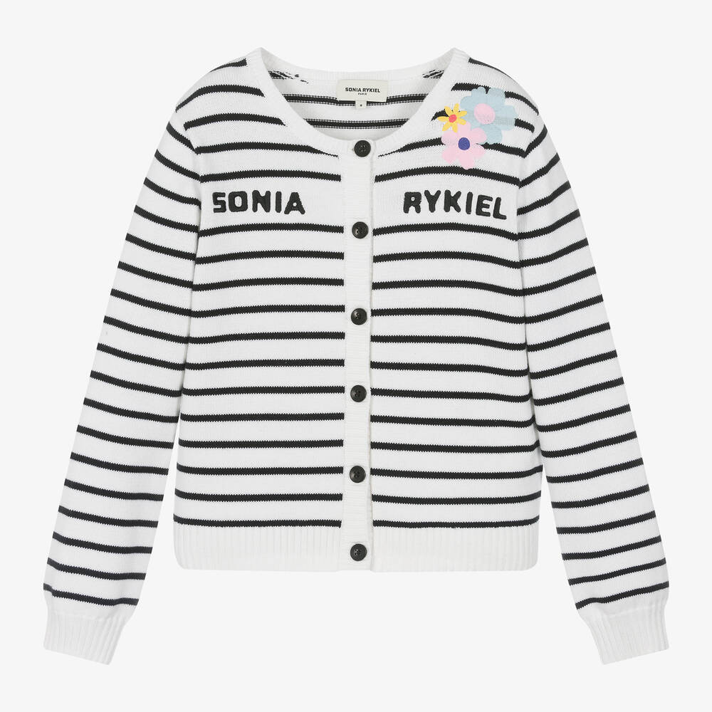 Sonia Rykiel Paris - Teen Girls White & Black Striped Cotton Cardigan | Childrensalon
