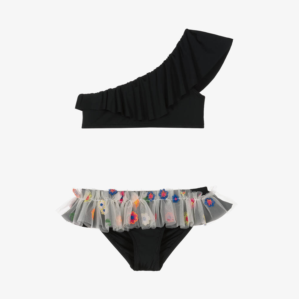 Stella Cove - Girls Black Embroidered Tulle Ruffle Bikini | Childrensalon
