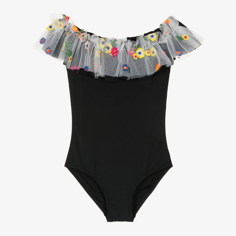 Stella Cove Kids' Girls Black Embroidered Tulle Ruffle Swimsuit