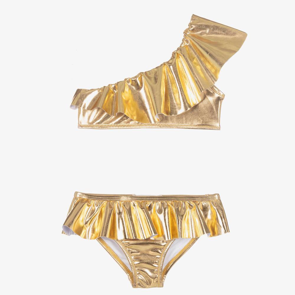 Stella Cove - Girls Metallic Gold One Shoulder Bikini | Childrensalon