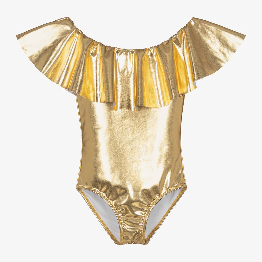 Stella Cove Kids' Girls Metallic Gold Ruffle Swimsuit