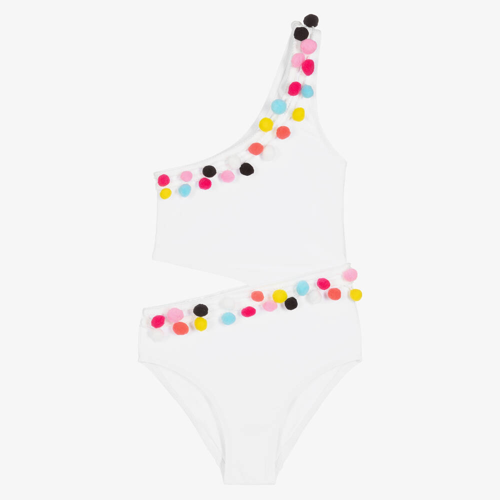 Stella Cove Teen Girls White Cut-out Pom-pom Swimsuit