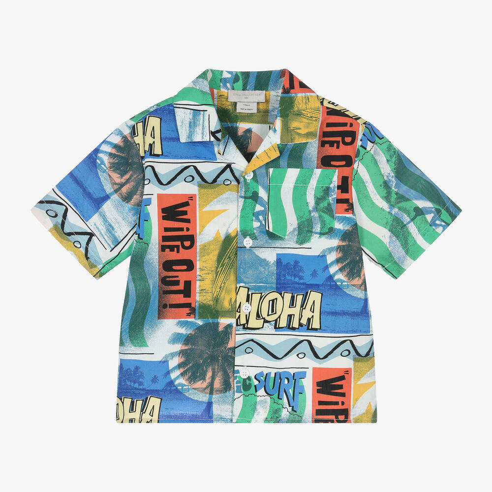 Stella McCartney Kids - Голубая хлопковая рубашка с принтом Aloha для мальчиков | Childrensalon