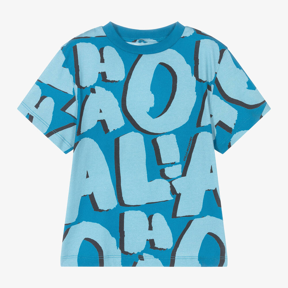 Stella McCartney Kids - Голубая хлопковая футболка с принтом Aloha для мальчиков | Childrensalon