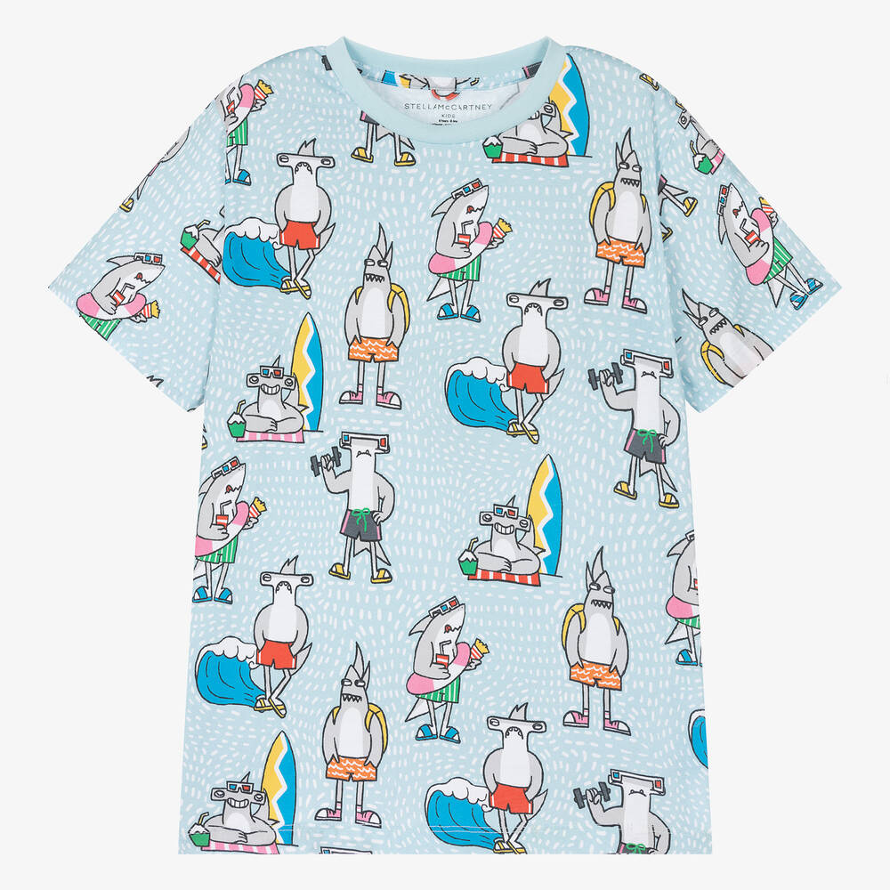 Stella McCartney Kids - Boys Blue Shark Organic Cotton T-Shirt | Childrensalon
