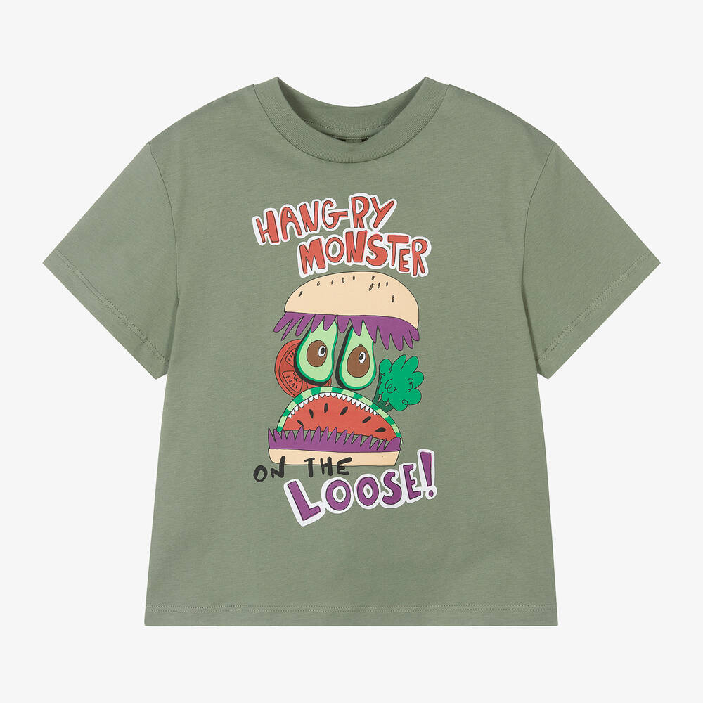 Stella McCartney Kids - Boys Green Cotton Burger Monster T-Shirt | Childrensalon