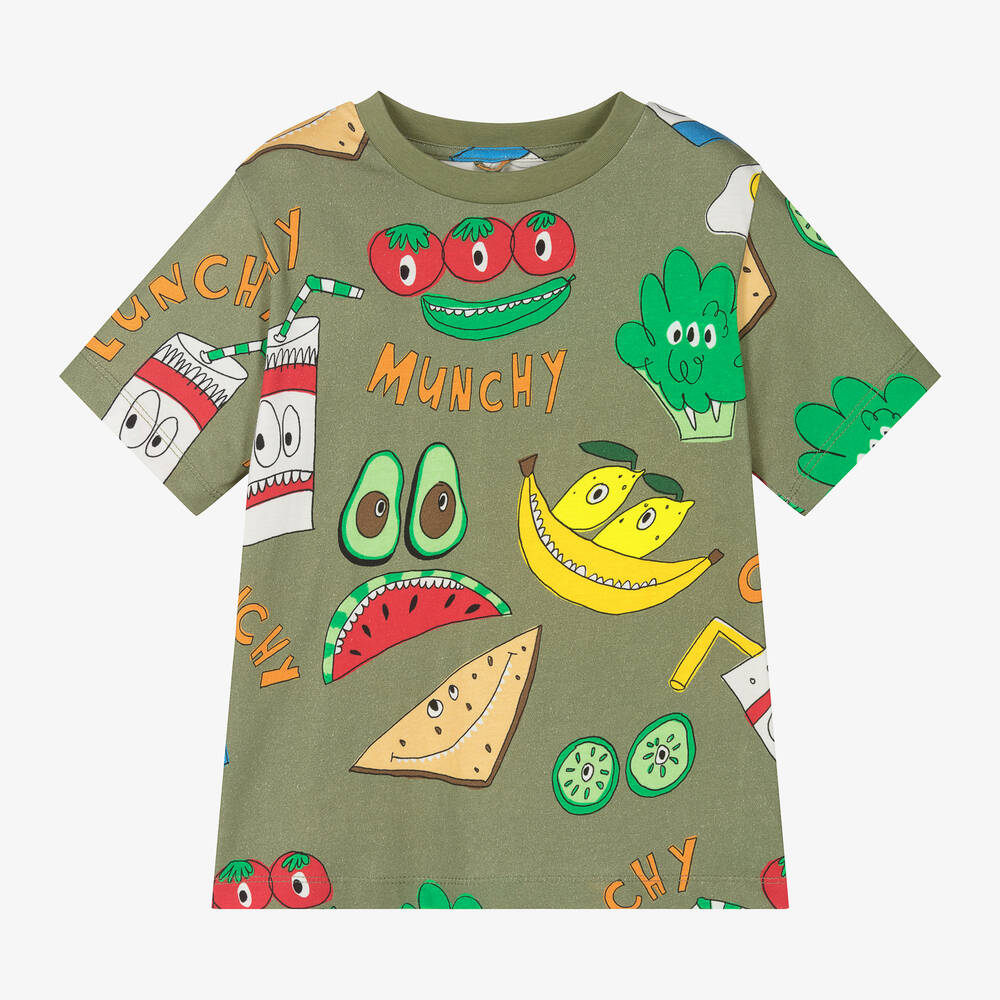 Stella McCartney Kids - Зеленая футболка из органического хлопка с фруктами для мальчиков | Childrensalon
