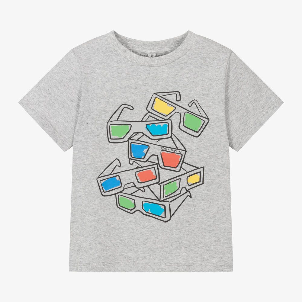 Stella McCartney Kids - Серая хлопковая футболка с 3D-очками для мальчиков | Childrensalon