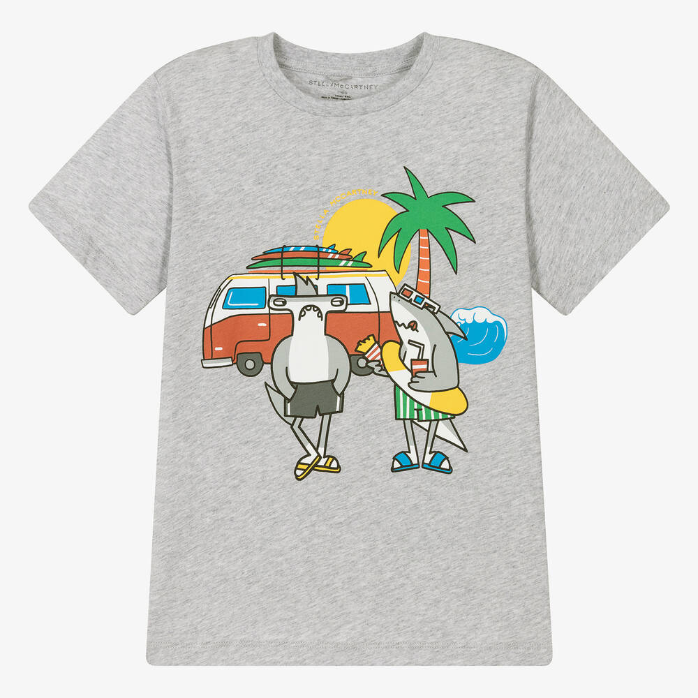 Stella McCartney Kids - Boys Grey Organic Cotton Sharks T-Shirt | Childrensalon