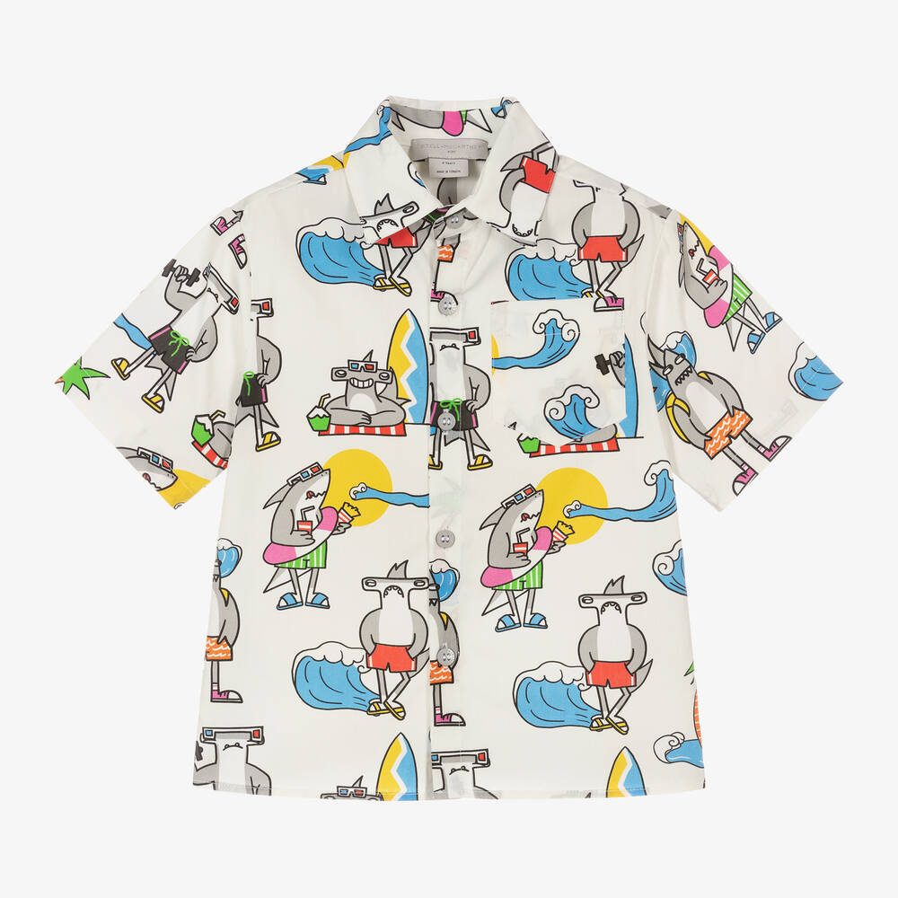 Stella McCartney Kids - Кремовая рубашка из органического хлопка с акулами для мальчиков | Childrensalon