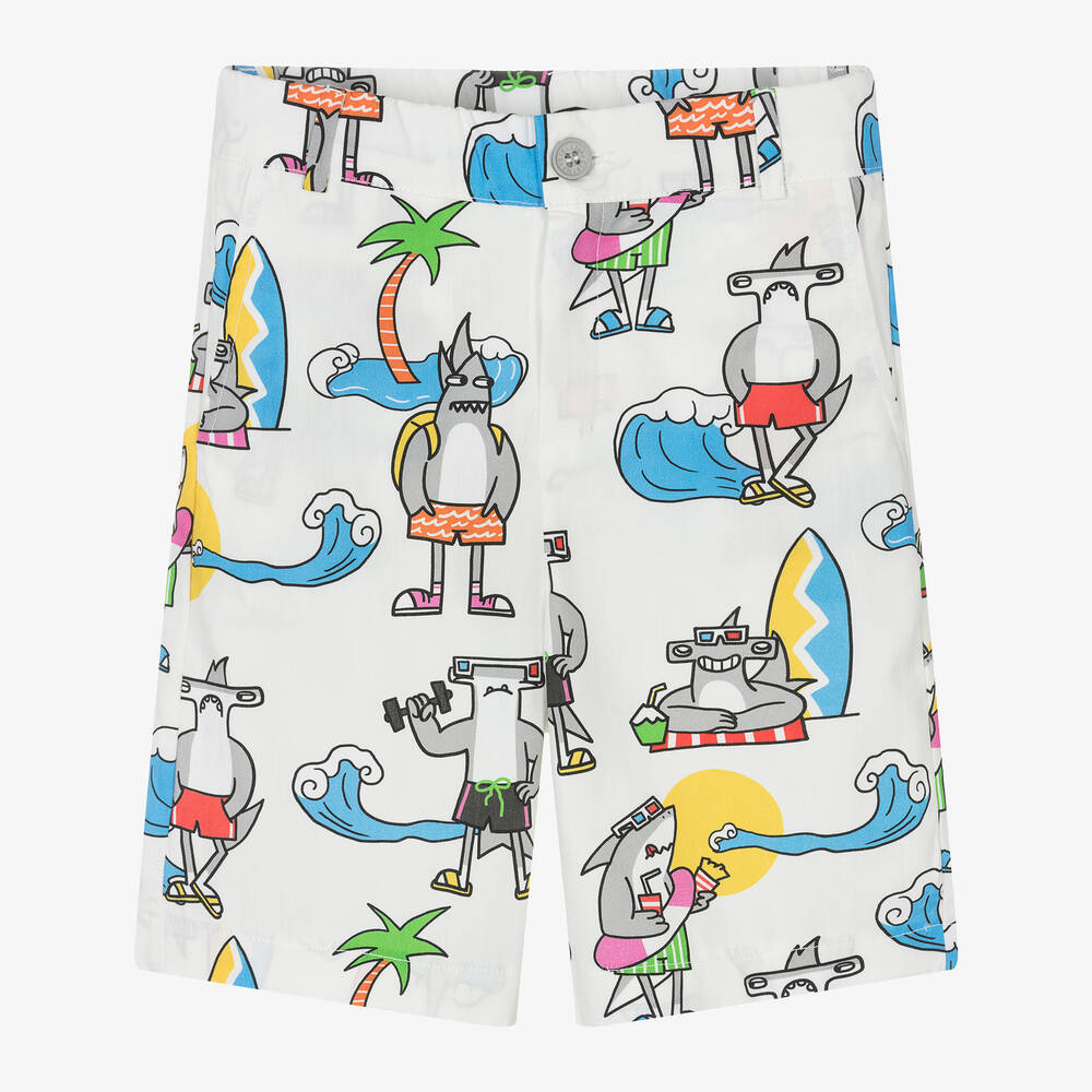 Stella McCartney Kids - Кремовые шорты из органического хлопка с акулами для мальчиков | Childrensalon