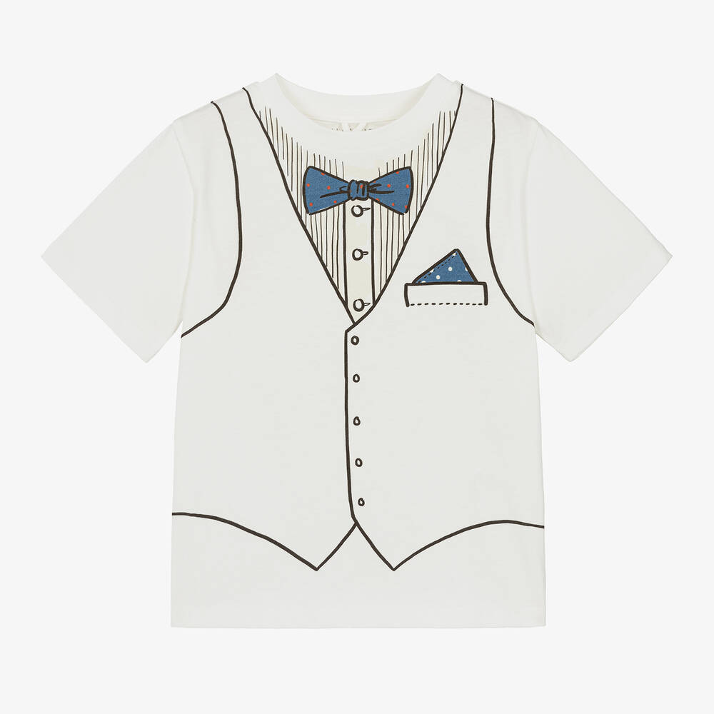 Stella McCartney Kids - Кремовая хлопковая футболка с принтом костюма для мальчиков | Childrensalon