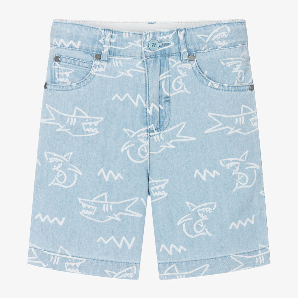 Shop Stella Mccartney Kids Boys Light Blue Cotton Shark Shorts