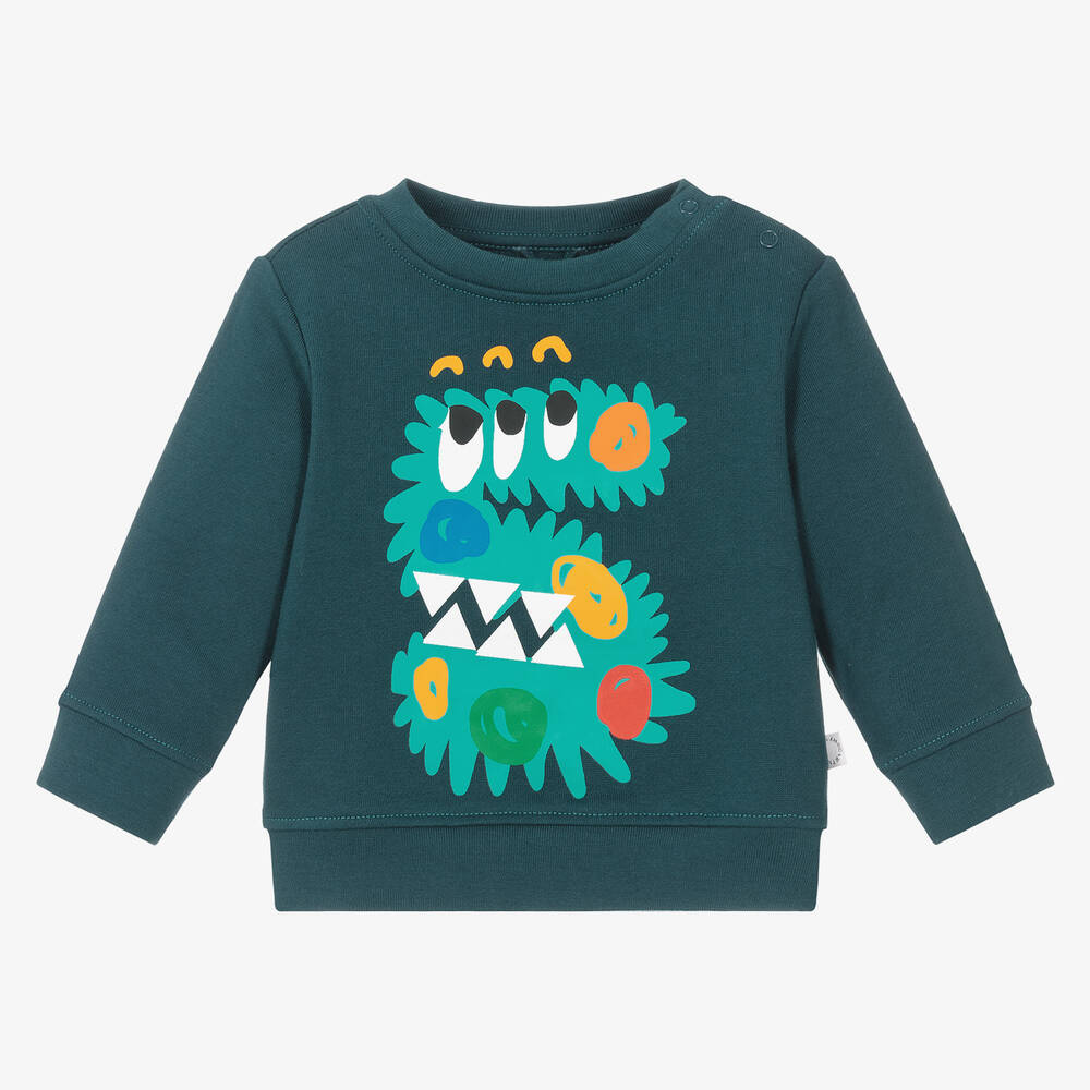 Stella McCartney Kids - Boys Teal Blue Organic Cotton Monster Sweatshirt | Childrensalon