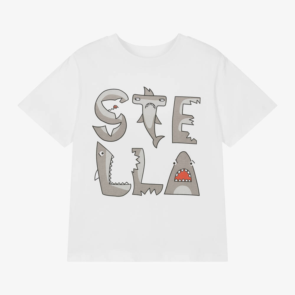 Stella McCartney Kids - Белая хлопковая футболка с акулами для мальчиков | Childrensalon