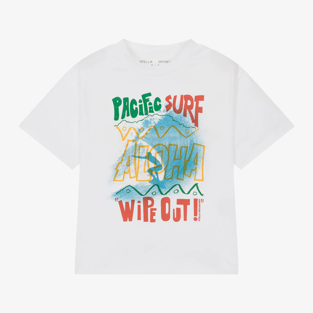 Stella McCartney Kids - Boys White Cotton Surf Print T-Shirt | Childrensalon