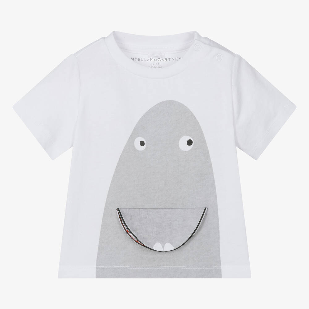 Stella McCartney Kids - Boys White Organic Cotton Shark T-Shirt | Childrensalon