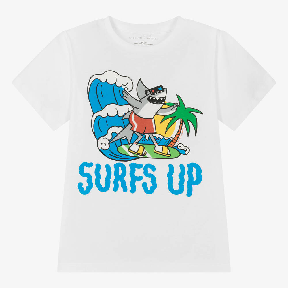 Stella McCartney Kids - Белая футболка из органического хлопка с акулой для мальчиков | Childrensalon
