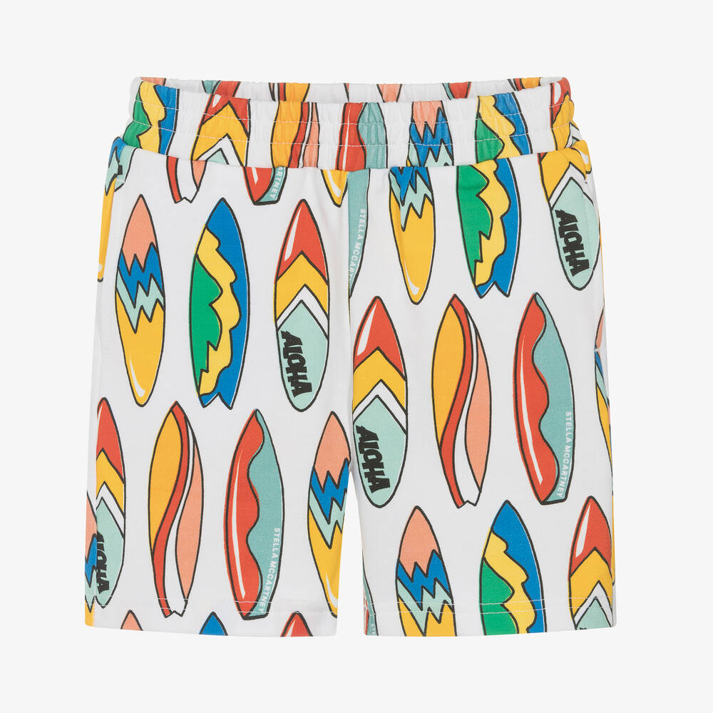 Stella McCartney Kids - Boys White Surfboard Print Cotton Shorts | Childrensalon