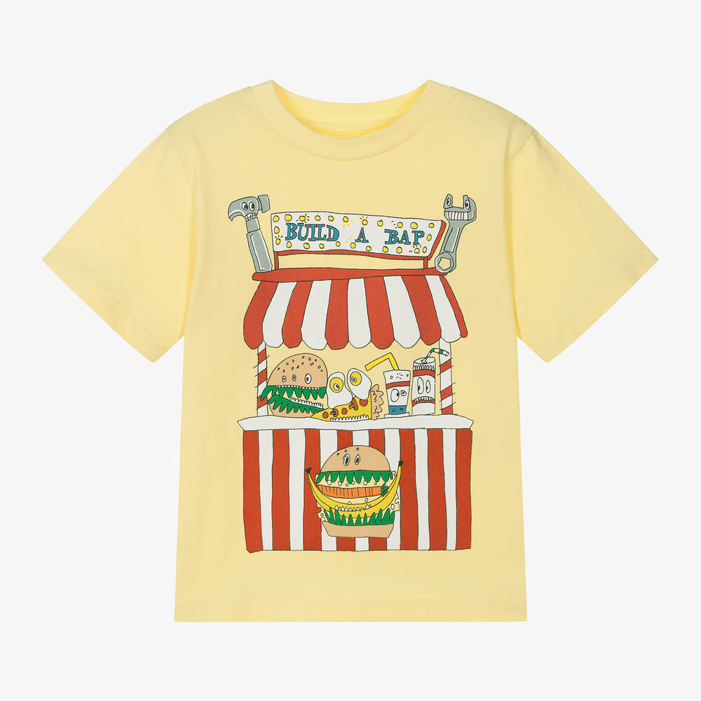 Stella McCartney Kids - Желтая хлопковая футболка с уличной едой для мальчиков | Childrensalon